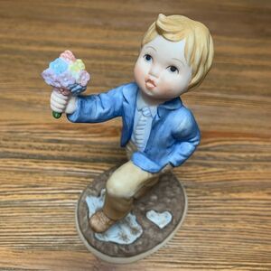 Lenox Boy Figurine Monday’s Child with Blue Jacket and Pastel Bouquet